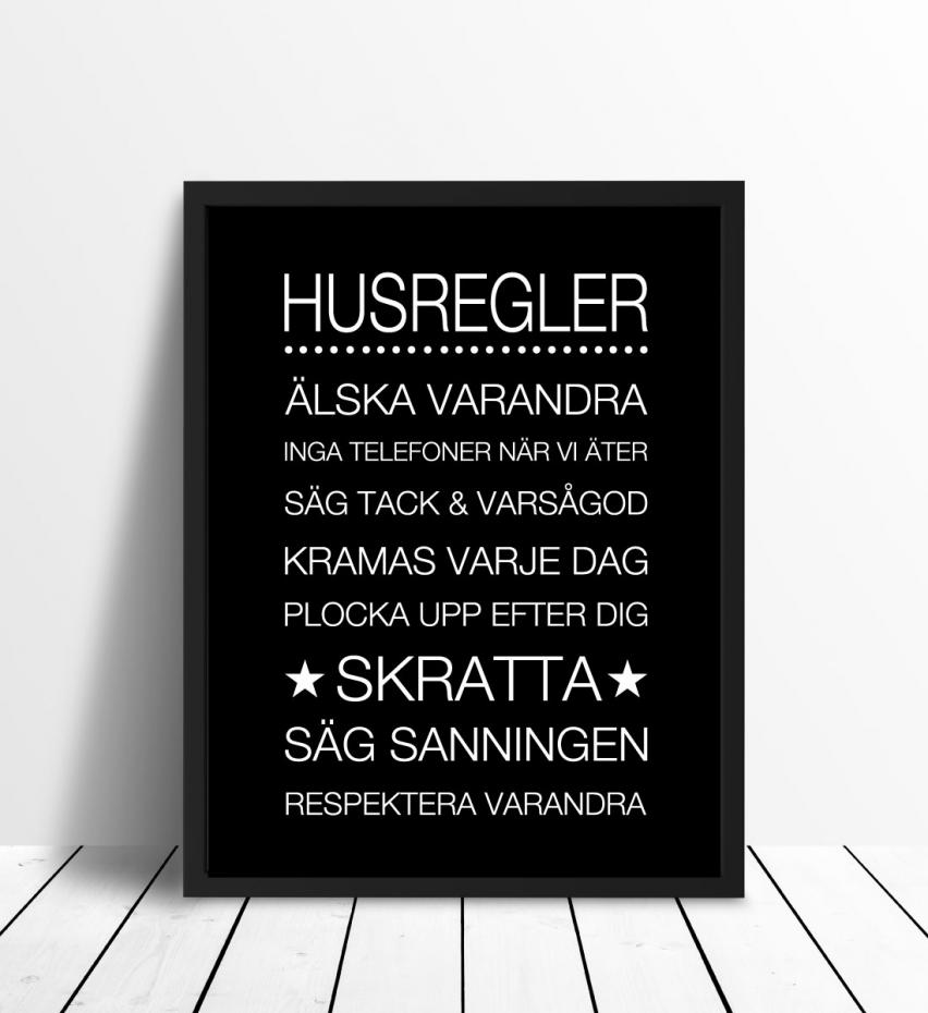 Bildverkstad Hausregeln - Schwarz mit weiem Druck - 30x40 cm Poster