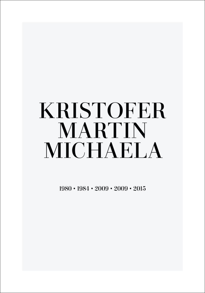 Personlig poster Familienbild - 3 Namen & Geburtsjahre - Grau