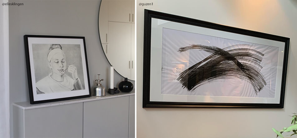 Zwei schwarze maßgefertigte Bilderrahmen mit schwarz-weißen Motiven