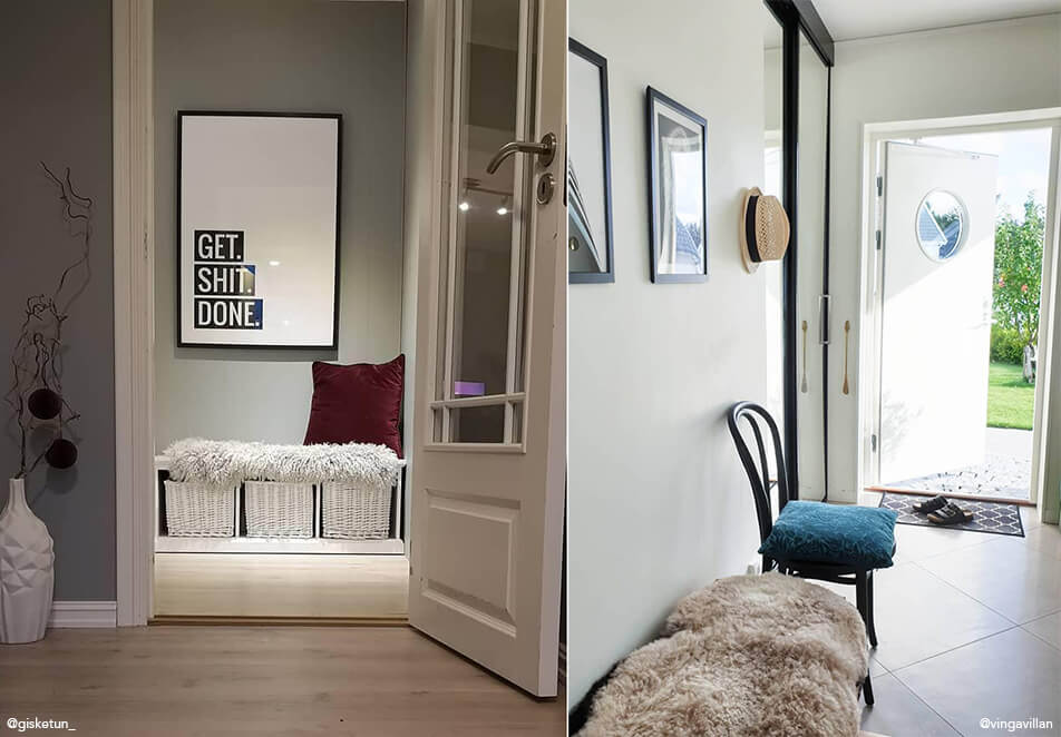 Inredning i hall - sittbänk med förvaring, svart stol och tavlor