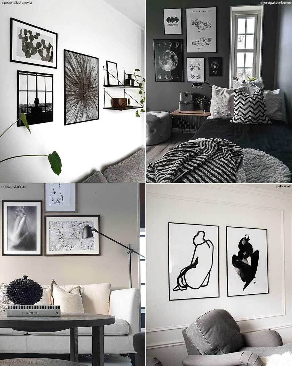 Bilder in Wohn- und  Schlafzimmer mit Bilderwänden und Postern in Schwarz-Weiß